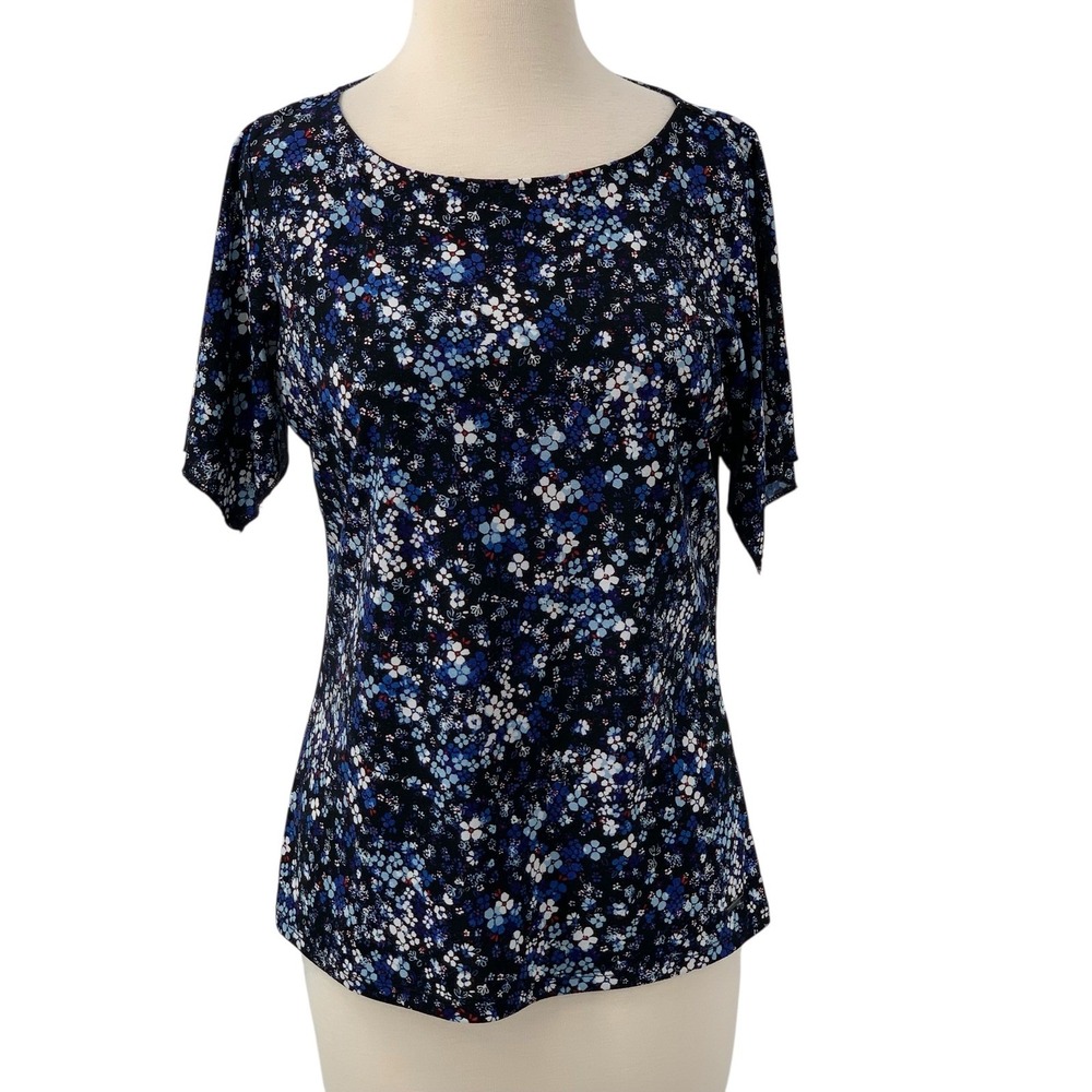 Tahari Women's Cold Shoulder Pullover Top Short Sleeve Black/Blue Floral Size S